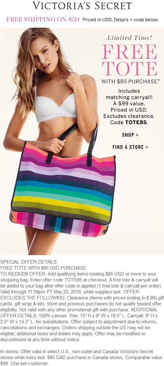 Victorias Secret Coupon April 2024 Free tote with $85 spent today at Victorias Secret, or online via promo code TOTE85