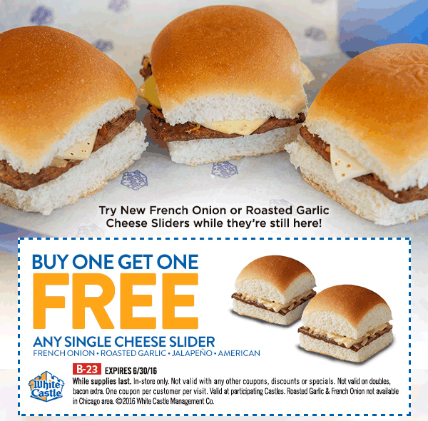 White Castle Coupon April 2024 Second cheese slider burger free at White Castle