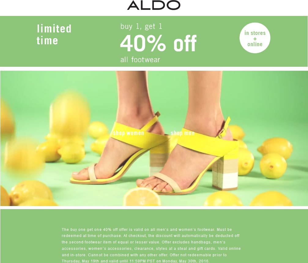 Aldo Coupon April 2024 Second footwear 40% off at Aldo, ditto online