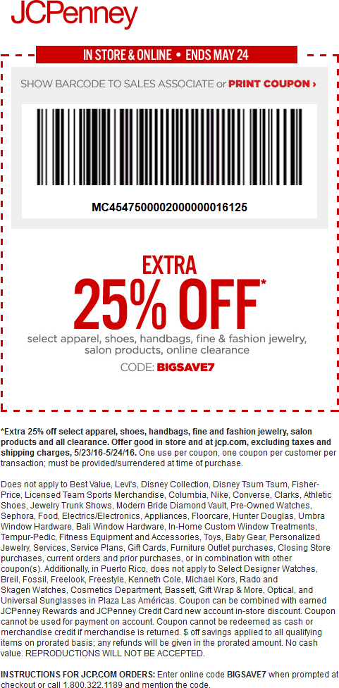 JCPenney Coupon April 2024 Extra 25% off at JCPenney, or online via promo code BIGSAVE7
