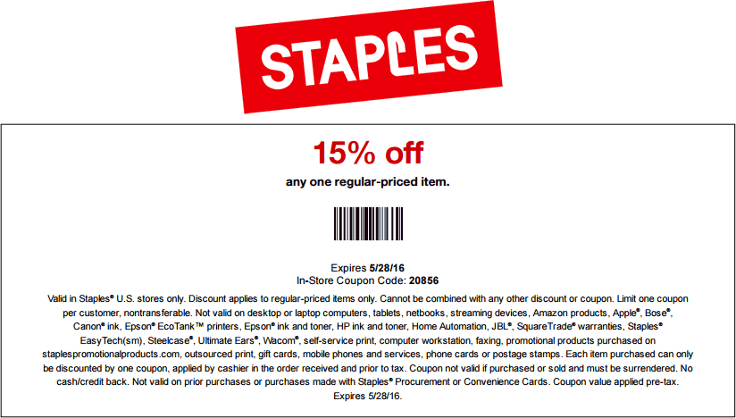 Staples Coupon April 2024 15% off a single item at Staples