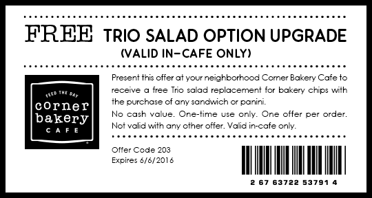 Corner Bakery Cafe Coupon April 2024 Free salad upgrade with your meal at Corner Bakery Cafe