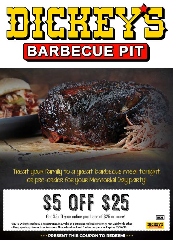 Dickeys Barbecue Pit Coupon April 2024 $5 off $25 at Dickeys Barbecue Pit