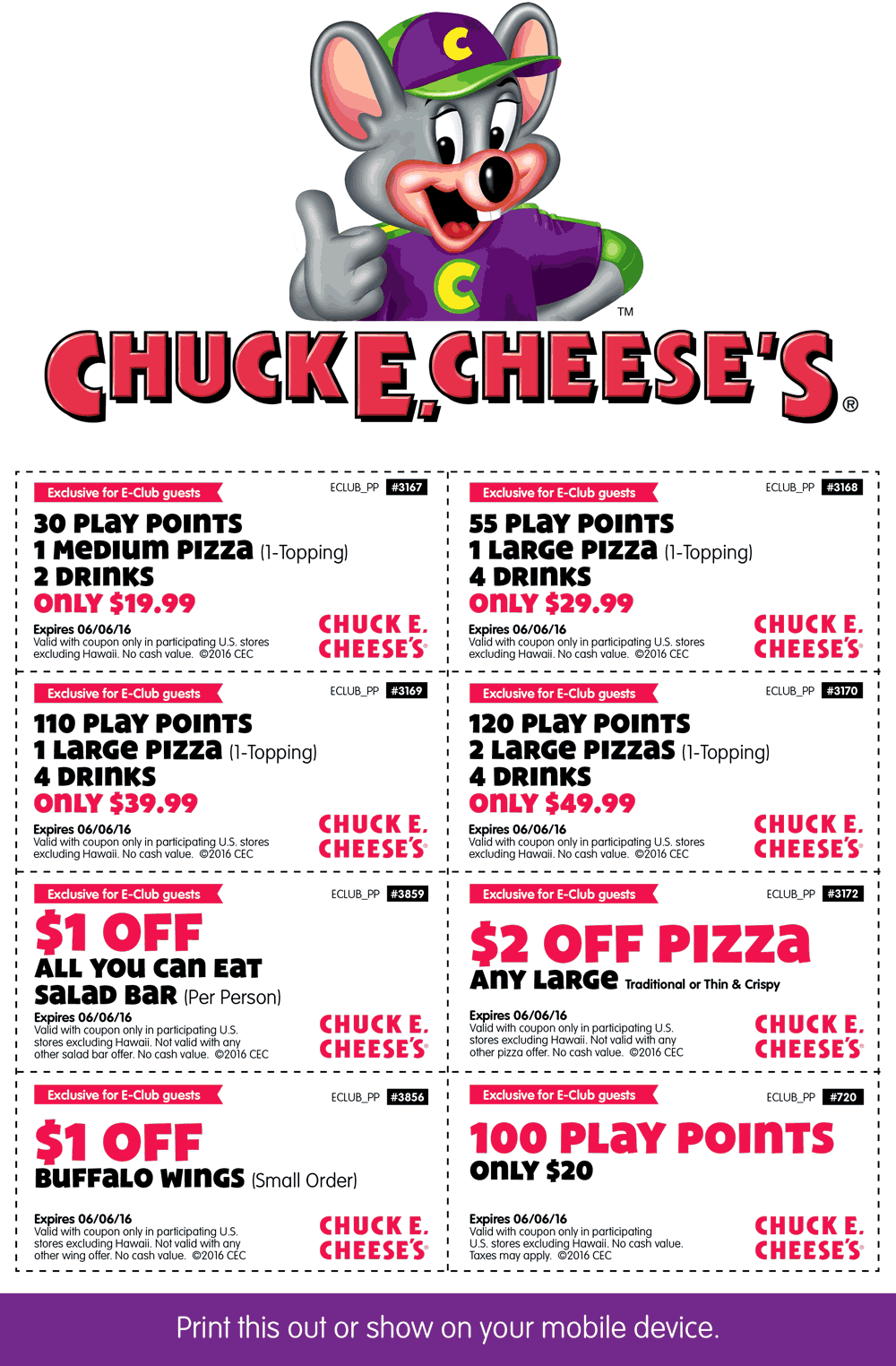 Chuck E. Cheese Coupon March 2024 100 tokens for $20 & more at Chuck E. Cheese pizza