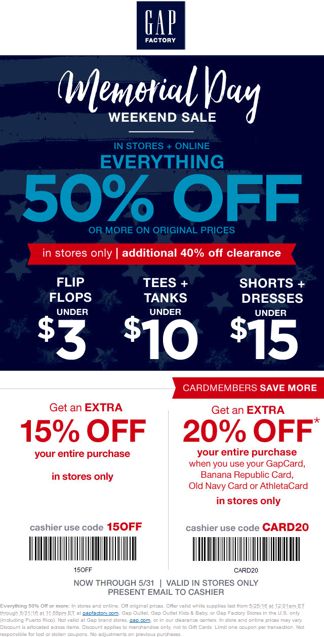 Gap Factory Coupon March 2024 Extra 50% off everything + 15% more at Gap Factory, ditto online