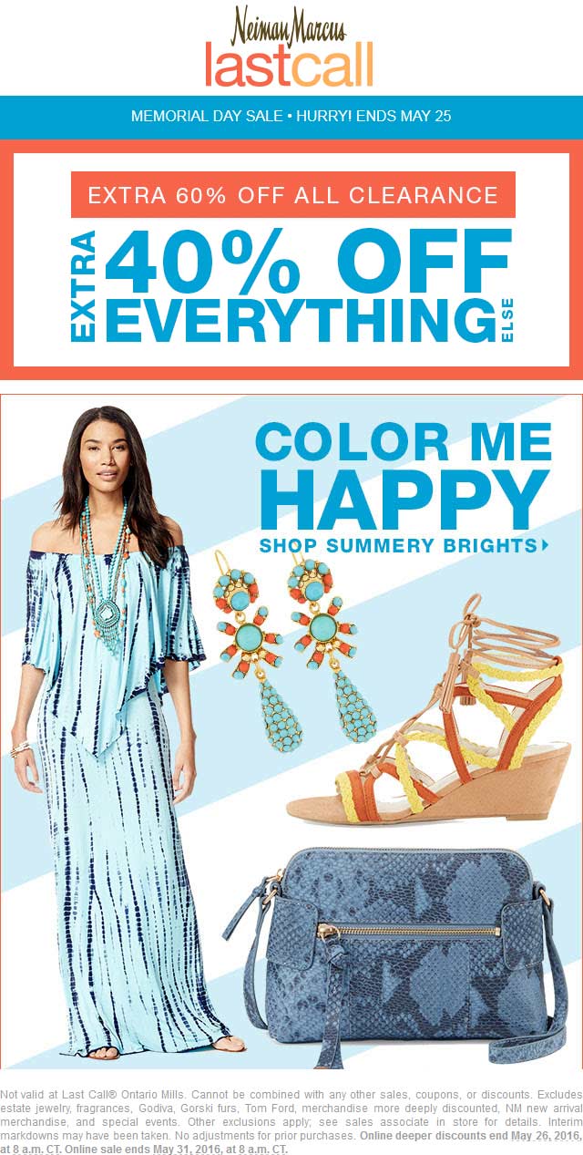 Last Call Coupon April 2024 Extra 40-60% off everything today at Neiman Marcus Last Call, ditto online