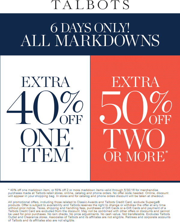 Talbots Coupon April 2024 Extra 40-50% off markdowns at Talbots, ditto online