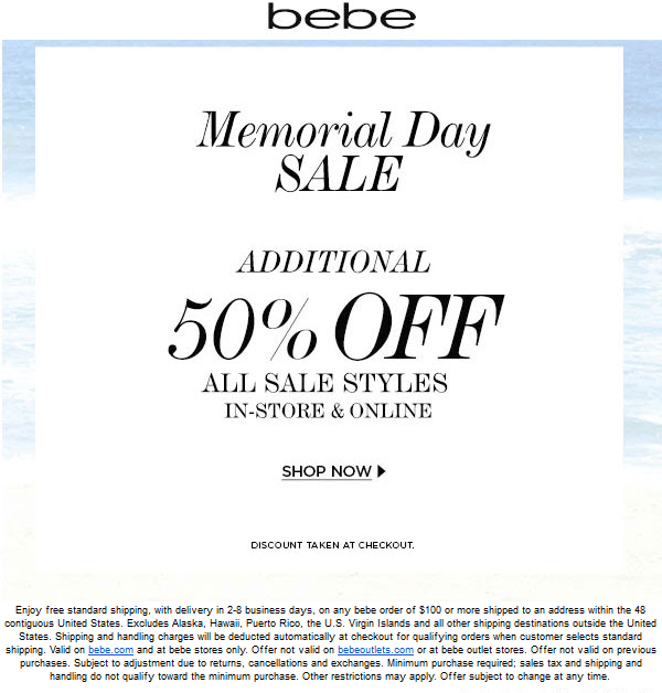 Bebe Coupon April 2024 Extra 50% off sale styles at bebe, ditto online