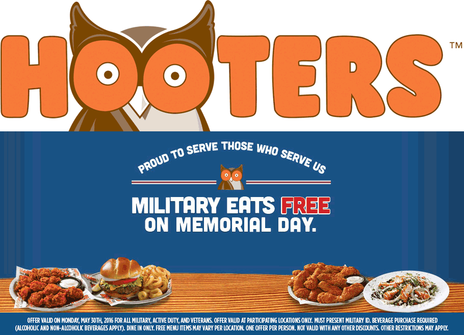 Hooters Coupon April 2024 Military & veterans eat free Monday at Hooters