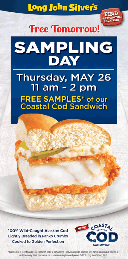 Long John Silvers Coupon April 2024 Cod sandwich samples are free today at Long John Silvers