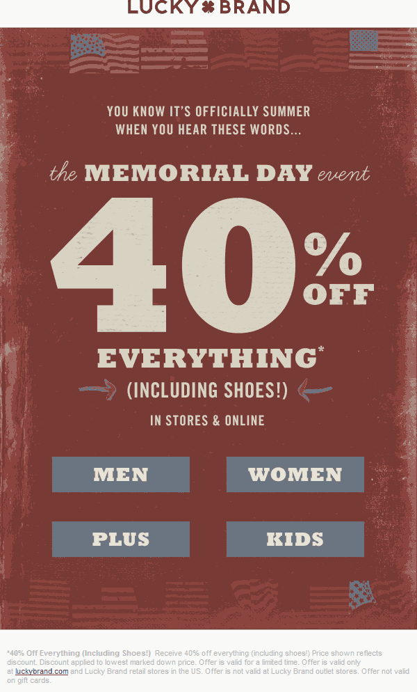 Lucky Brand Coupon April 2024 40% off everything at Lucky Brand, ditto online