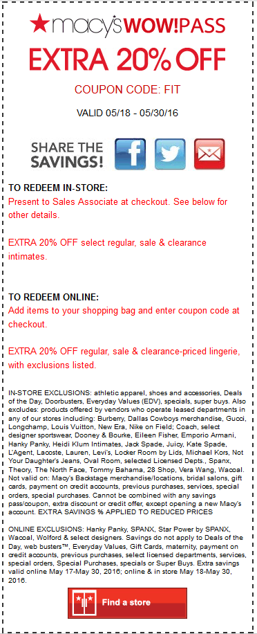Macys Coupon April 2024 20% off at Macys, or online via promo code FIT