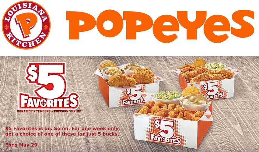 Popeyes Coupon March 2024 $5 box meal going on at Popeyes Louisiana Kitchen