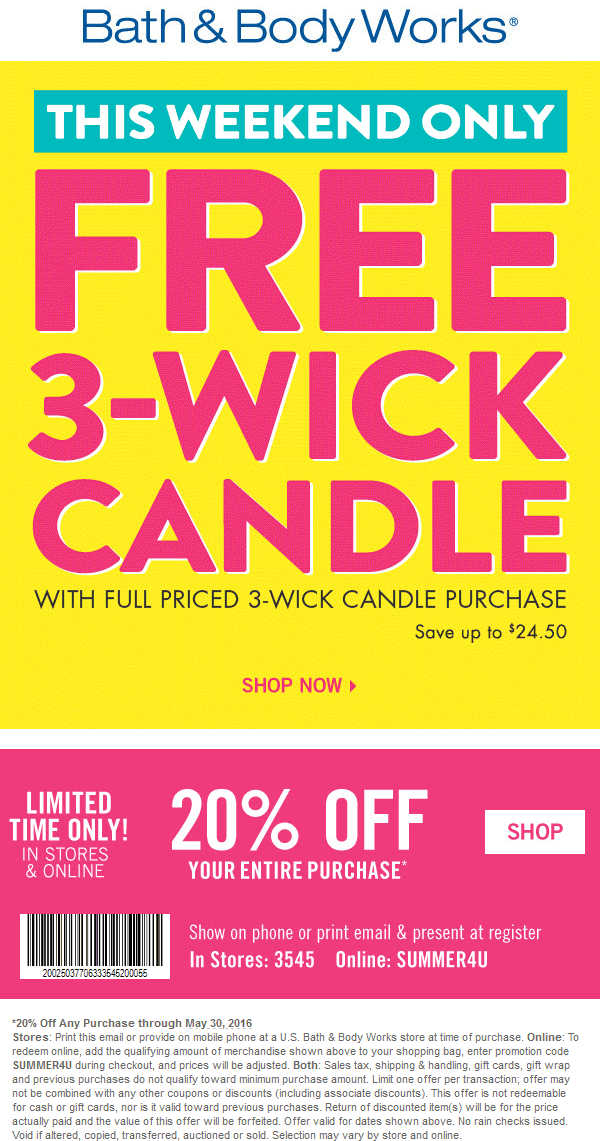 Bath & Body Works Coupon April 2024 Second 3-wick candle free + 20% off at Bath & Body Works, or online via promo code SUMMER4U