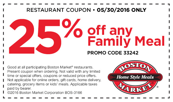 Boston Market Coupon April 2024 25% off a family meal Monday at Boston Market
