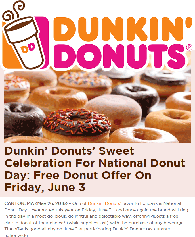Dunkin Donuts Coupon April 2024 Free doughnut with your drink Friday at Dunkin Donuts