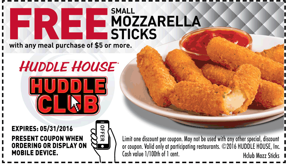 Huddle House Coupon April 2024 Free mozzarella sticks with $5 spent at Huddle House restaurants