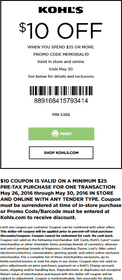 Kohls Coupon March 2024 $10 off $25 at Kohls, or online via promo code MEMORIAL10