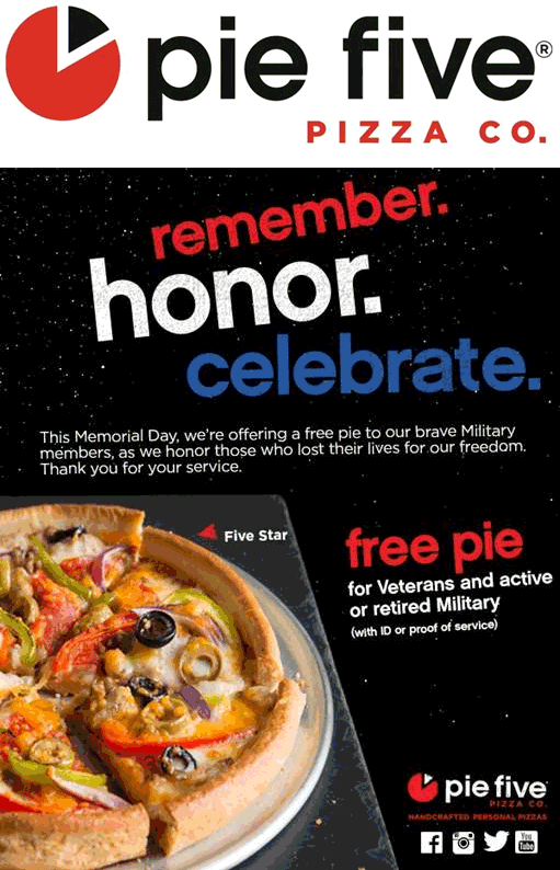 Pie Five Coupon April 2024 Free pizza for military Monday at Pie Five