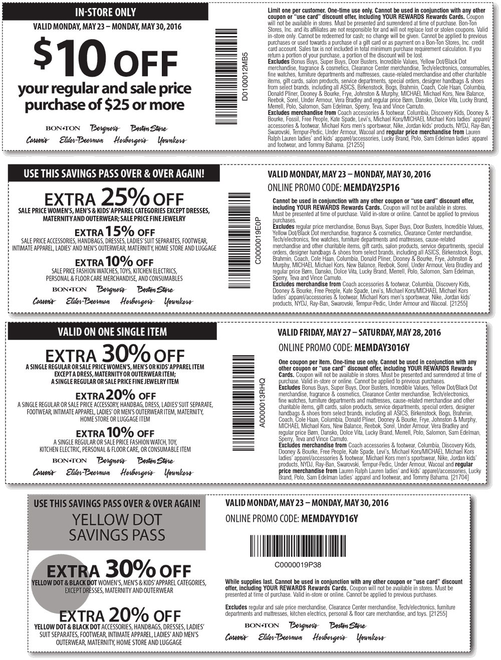 Carsons Coupon April 2024 $10 off $25 & more at Carsons, Bon Ton & sister stores, or 25% online via promo code MEMDAY25P16
