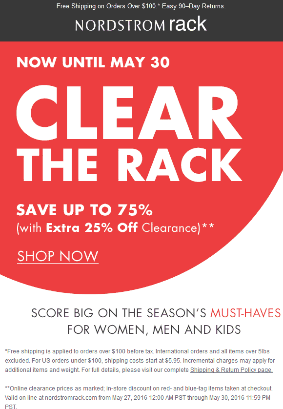 Nordstrom Rack Coupon April 2024 Extra 25% off clearance at Nordstrom Rack, ditto online