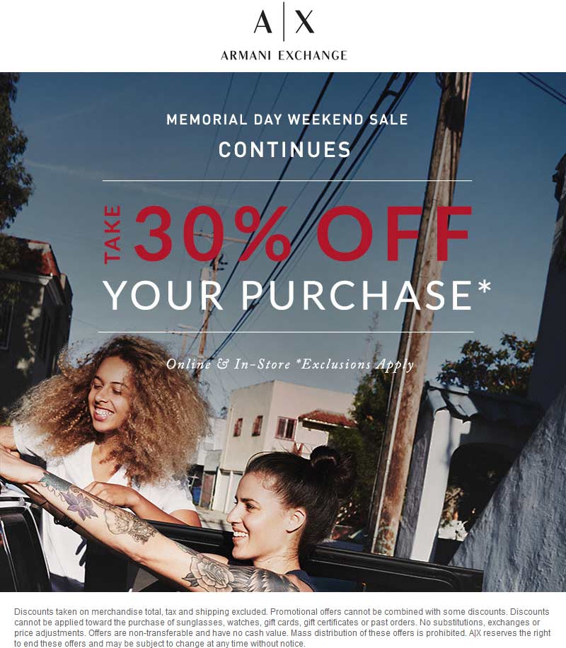 Armani Exchange Coupon April 2024 30% off at Armani Exchange, ditto online