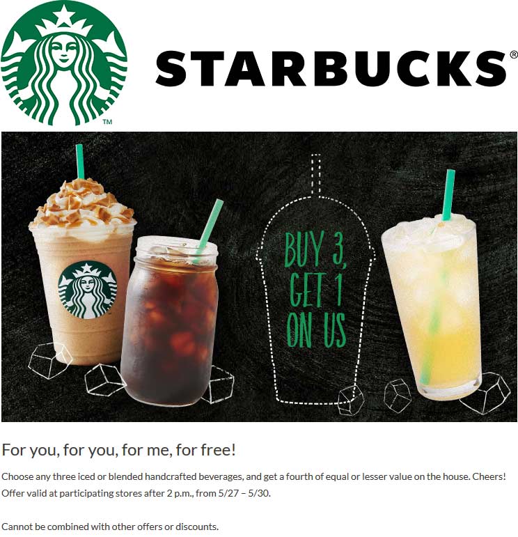 Starbucks Coupon April 2024 4th blended or iced drink free at Starbucks