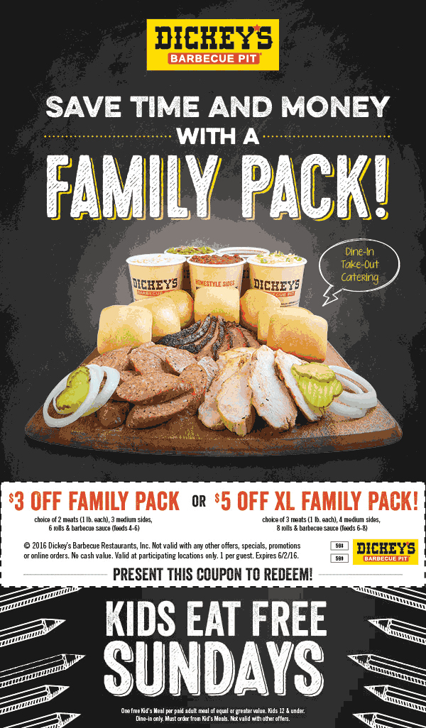 Dickeys Barbecue Pit Coupon April 2024 $3-$5 off a family meal at Dickeys Barbecue Pit