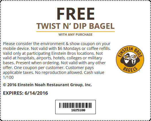 Einstein Bros Bagels Coupon March 2024 Free twist n dip bagel with any order at Einstein Bros Bagels