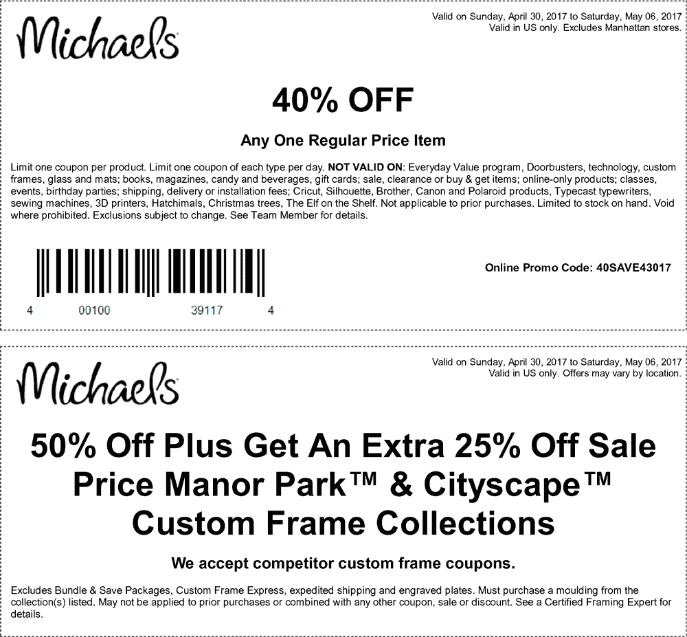 Michaels Coupon April 2024 40% off a single item at Michaels, or online via promo code 40SAVE43017