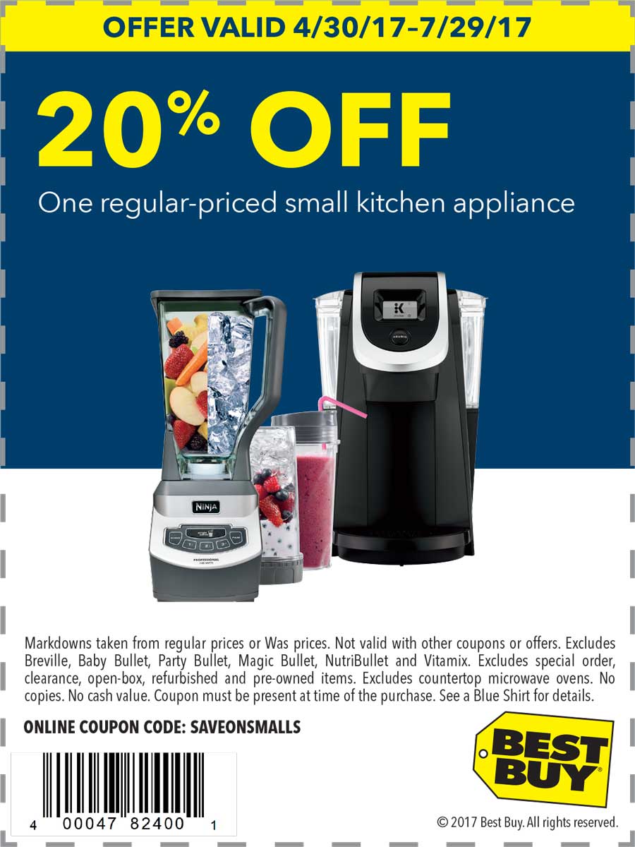 Best Buy Coupon April 2024 20% off a small appliance at Best Buy, or online via promo code SAVEONSMALLS