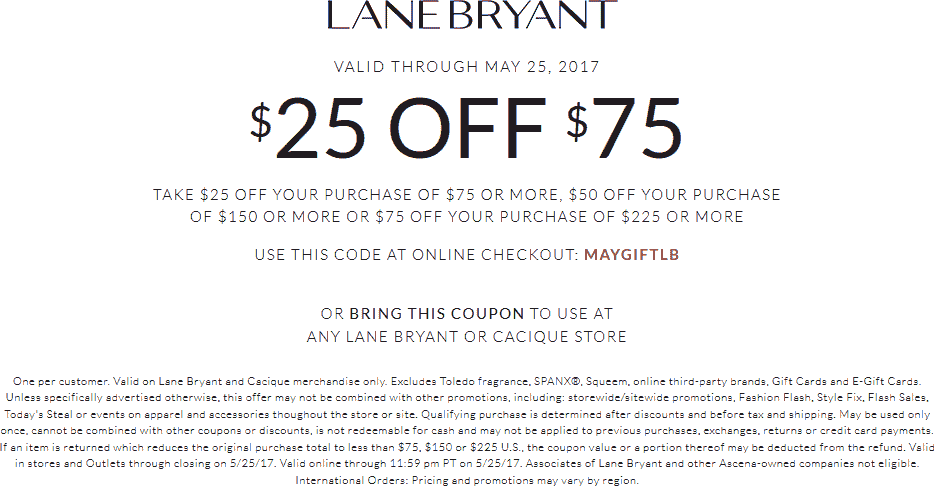 Lane Bryant Coupon April 2024 $25 off $75 at Lane Bryant, or online via promo code MAYGIFTLB
