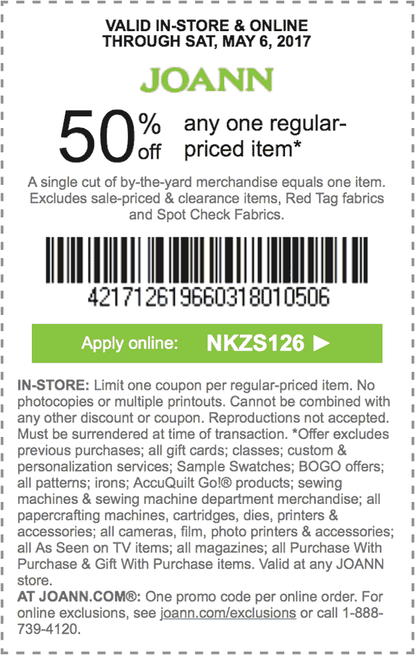 Jo-Ann Fabric Coupon March 2024 50% off a single item at Jo-Ann Fabric, or online via promo code NKZS126