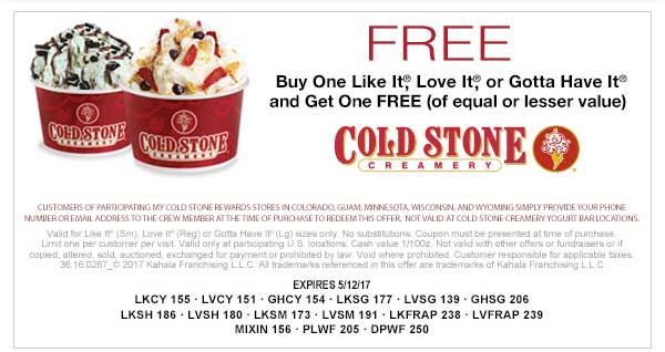 Cold Stone Creamery Coupon March 2024 Second ice cream free at Cold Stone Creamery