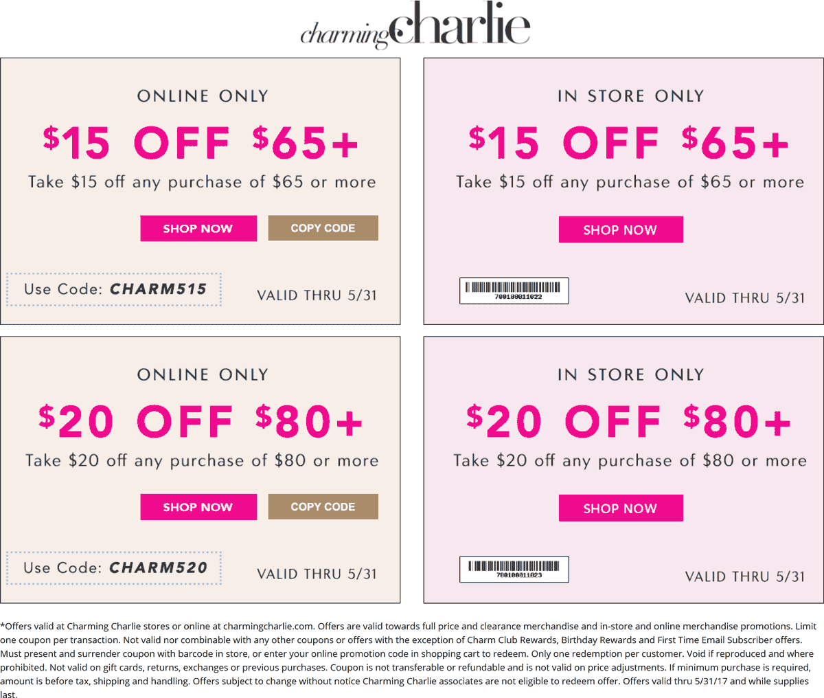Charming Charlie Coupon April 2024 $15 off $65 & more at Charming Charlie, or online via promo code CHARM15