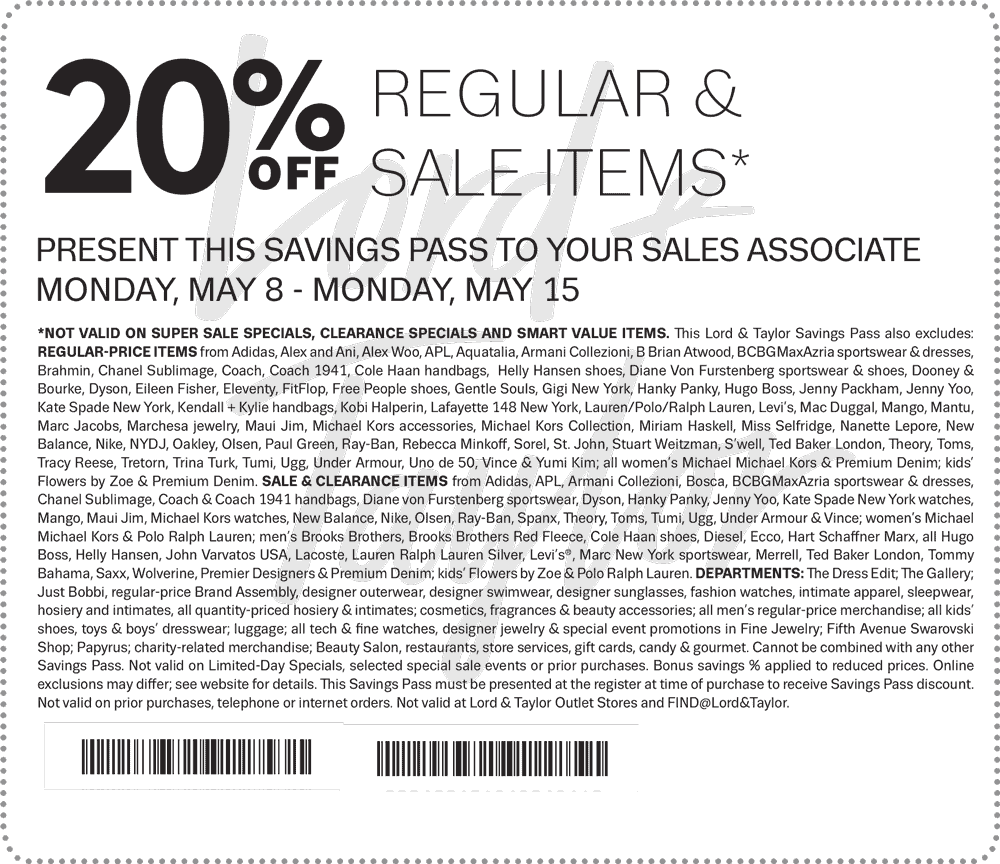Lord & Taylor Coupon March 2024 20% off at Lord & Taylor, or online via promo code SUPER