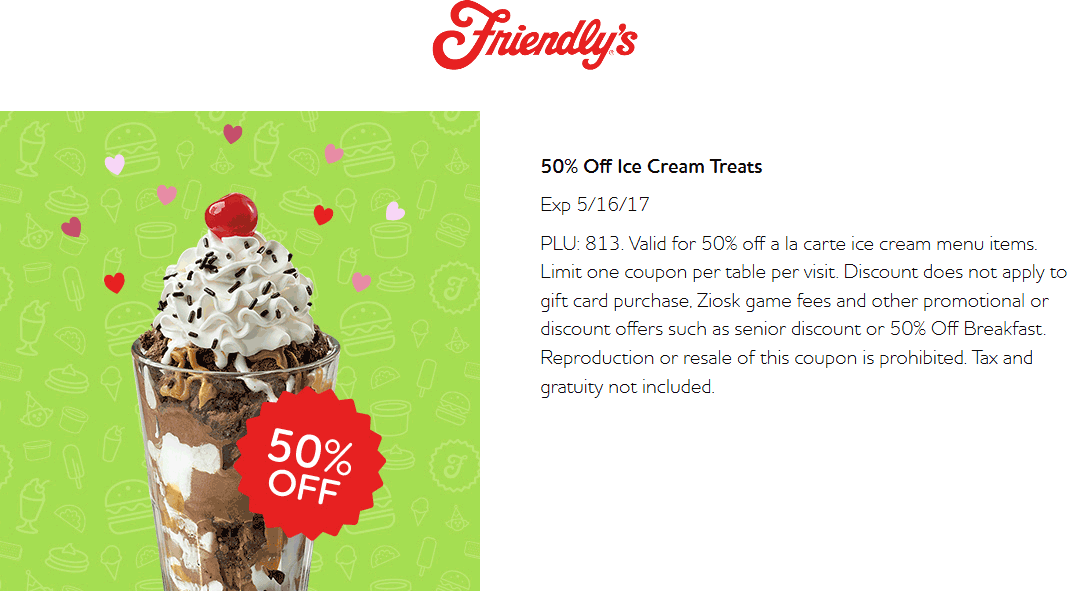 Friendlys Coupon March 2024 50% off ice cream at Friendlys restaurants