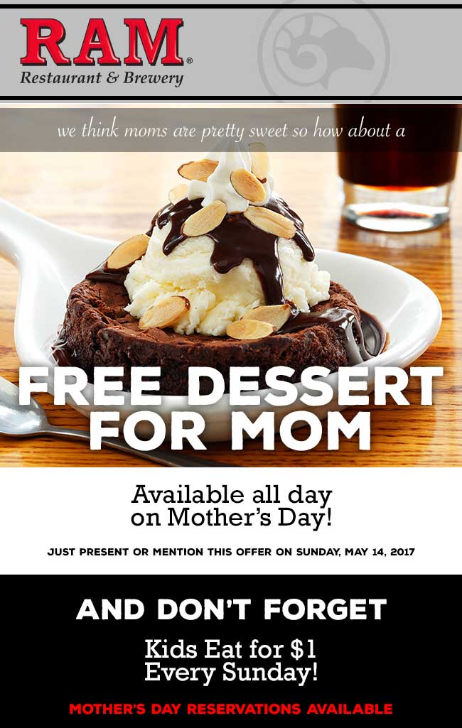 RAM Coupon March 2024 Free dessert for Mom Sunday at RAM restaurant & brewery