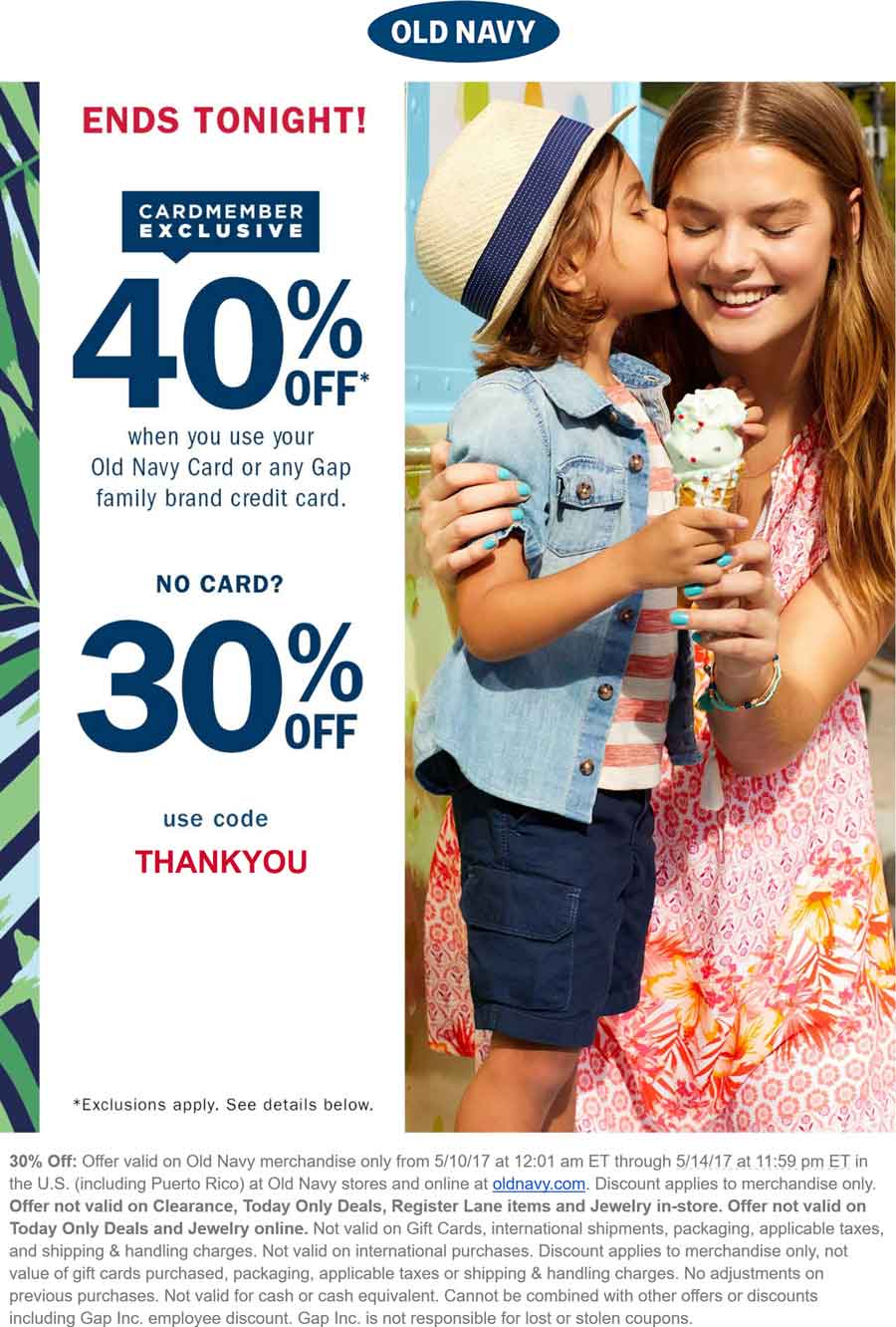 Old Navy Coupon April 2024 30% off today at Old Navy, or online via promo code THANKYOU