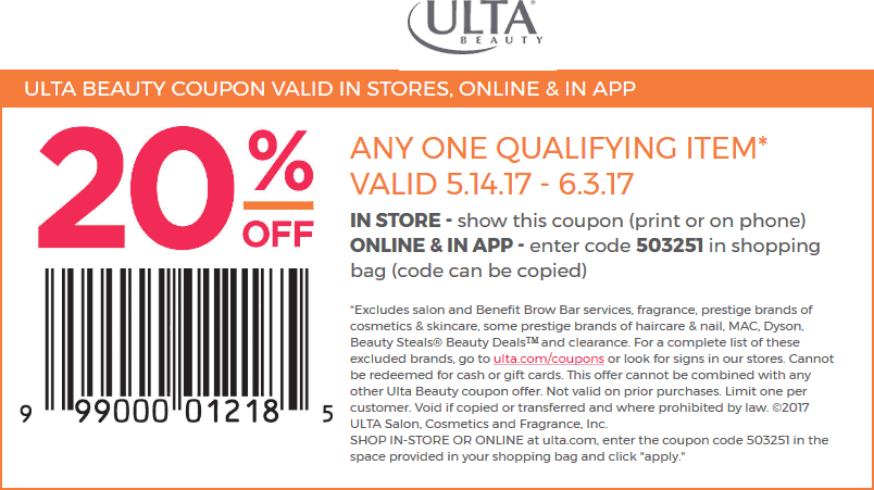 Ulta Coupon April 2024 20% off a single item at Ulta Beauty, or online via promo code 503251