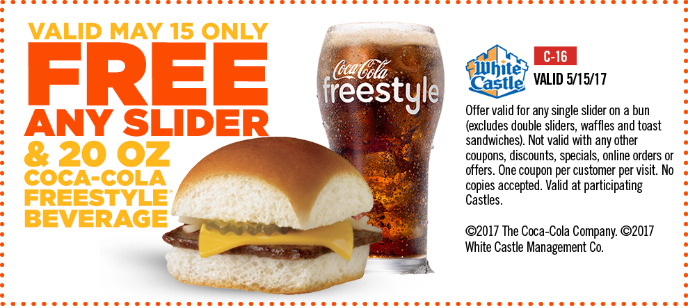 White Castle Coupon April 2024 Free drink & burger today at White Castle, no purchase necessary