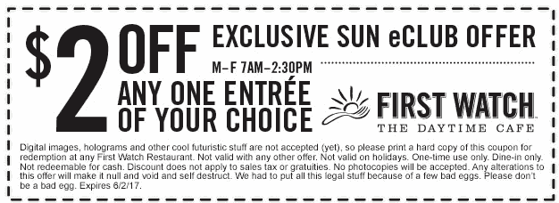 First Watch Coupon April 2024 $2 off at First Watch daytime cafe