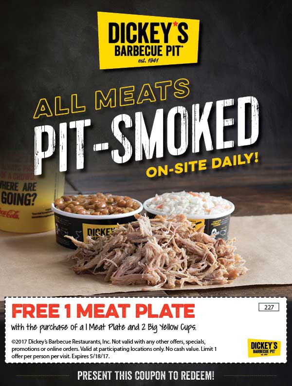 Dickeys Barbecue Pit Coupon April 2024 Second meat plate free with your drinks at Dickeys Barbecue Pit