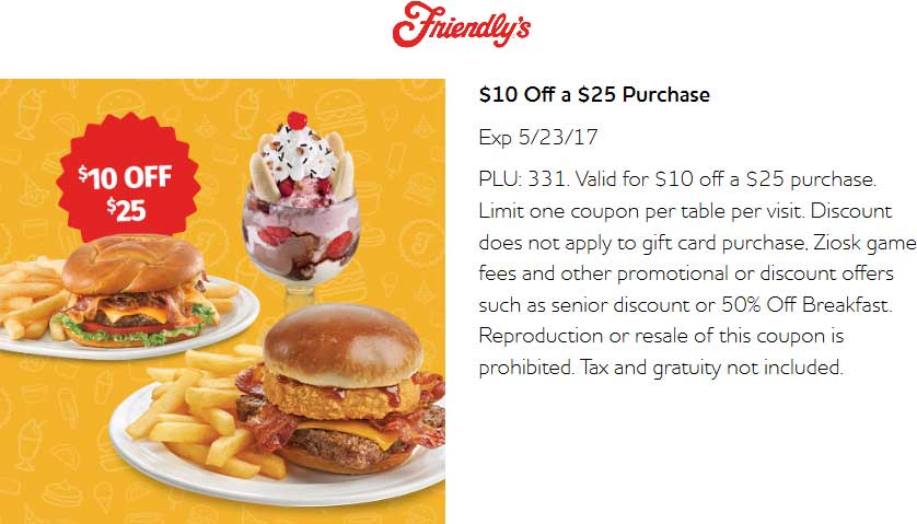 Friendlys Coupon April 2024 $10 off $25 at Friendlys restaurants