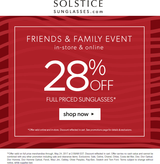 Solstice Sunglasses Coupon April 2024 28% off at Solstice Sunglasses, ditto online