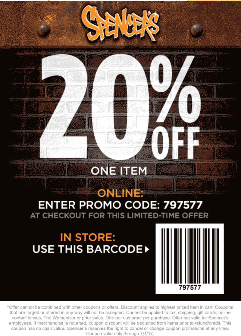 Spencers Coupon April 2024 20% off a single item at Spencers, or online via promo code 797577