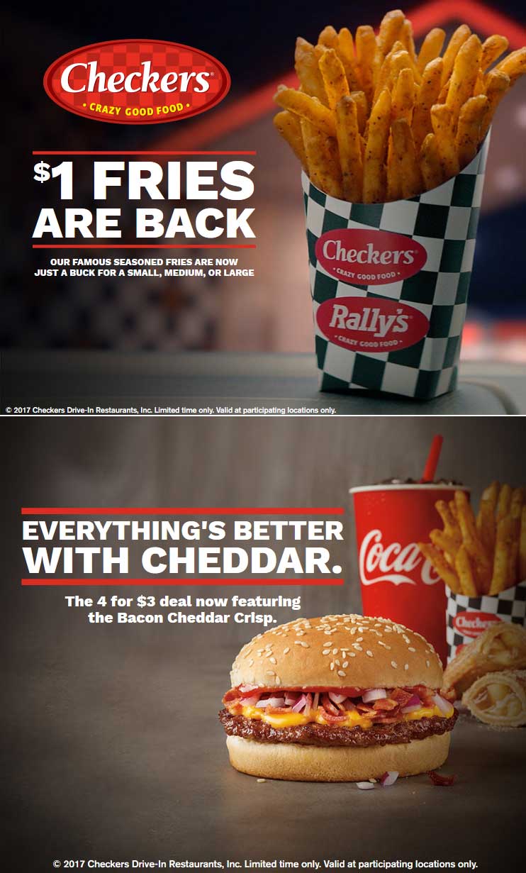 Checkers Coupon April 2024 Large seasoned fries for $1 buck at Rallys & Checkers restaurants, also burger + fries + drink + pie = $3