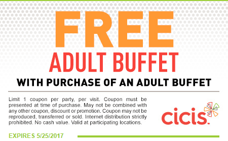 CiCis Pizza Coupon March 2024 Second buffet free at Cicis pizza