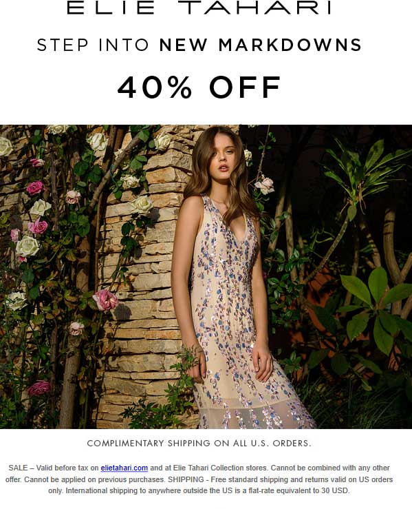 Elie Tahari Coupon April 2024 40% off sale going on at Elie Tahari, ditto online (0