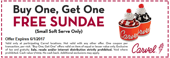 Carvel Coupon March 2024 Second ice cream sundae free at Carvel